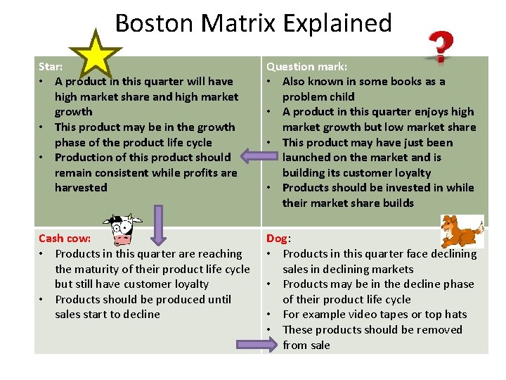 Boston Matrix Explained Star: • A product in this quarter will have high market