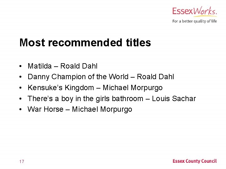 Most recommended titles • • • 17 Matilda – Roald Dahl Danny Champion of