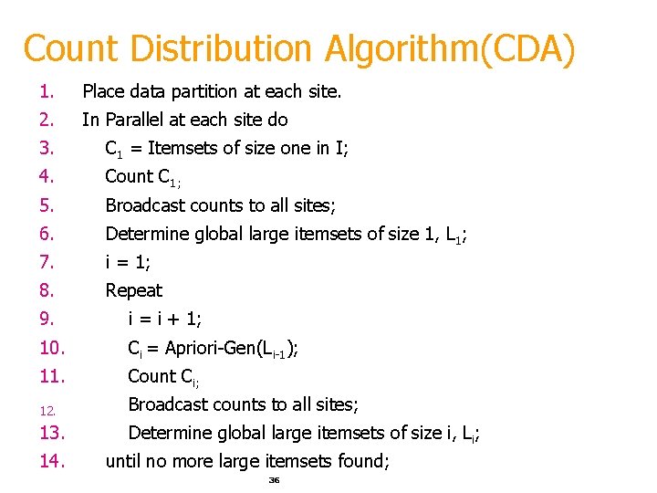Count Distribution Algorithm(CDA) 1. Place data partition at each site. 2. In Parallel at