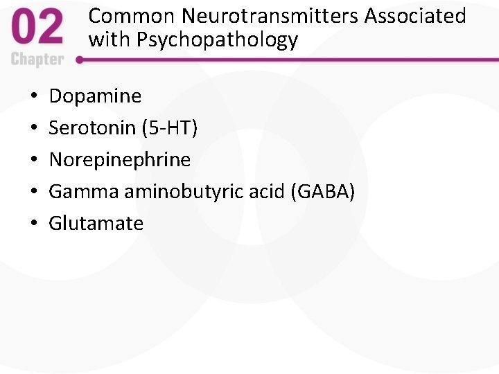 Common Neurotransmitters Associated with Psychopathology • • • Dopamine Serotonin (5 -HT) Norepinephrine Gamma