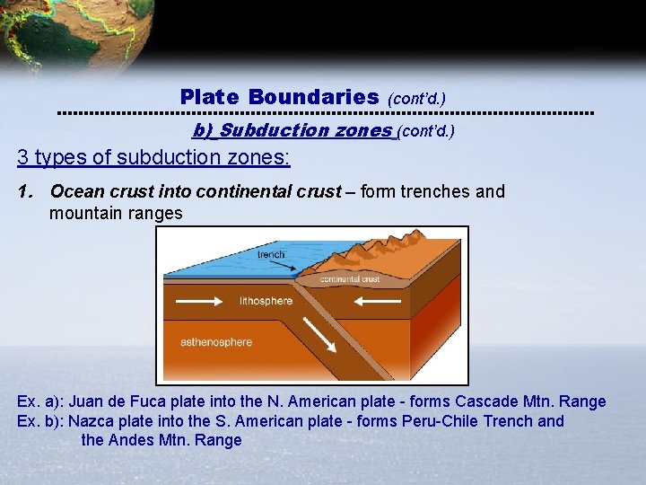 Plate Boundaries (cont’d. ) b) Subduction zones (cont’d. ) 3 types of subduction zones: Plate Boundaries (cont’d. ) b) Subduction zones (cont’d. ) 3 types of subduction zones: