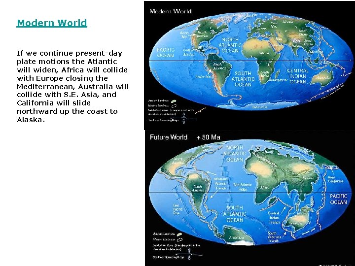 Modern World If we continue present-day plate motions the Atlantic will widen, Africa will