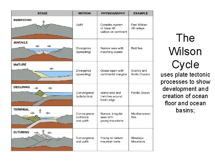 The Wilson Cycle uses plate tectonic processes to show development and creation of ocean
