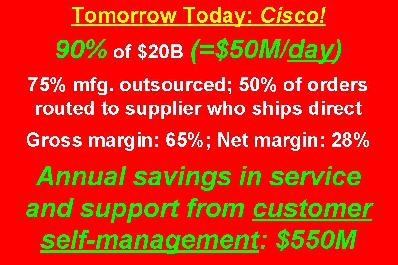 Tomorrow Today: Cisco! 90% of $20 B (=$50 M/day) 75% mfg. outsourced; 50% of