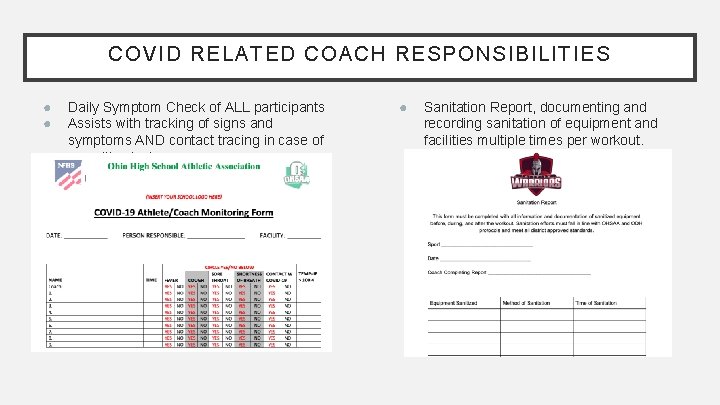 COVID RELATED COACH RESPONSIBILITIES ● ● Daily Symptom Check of ALL participants Assists with