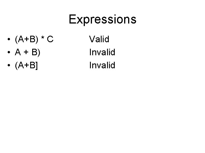 Expressions • (A+B) * C • A + B) • (A+B] Valid Invalid 