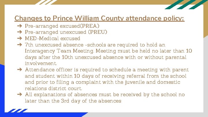 Changes to Prince William County attendance policy: Pre-arranged excused(PREA) Pre-arranged unexcused (PREU) MED-Medical excused