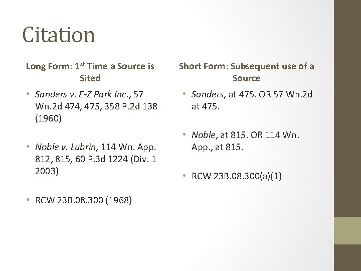 Citation Long Form: 1 st Time a Source is Sited Short Form: Subsequent use