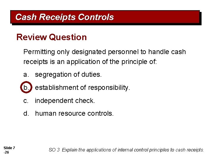 Cash Receipts Controls Review Question Permitting only designated personnel to handle cash receipts is