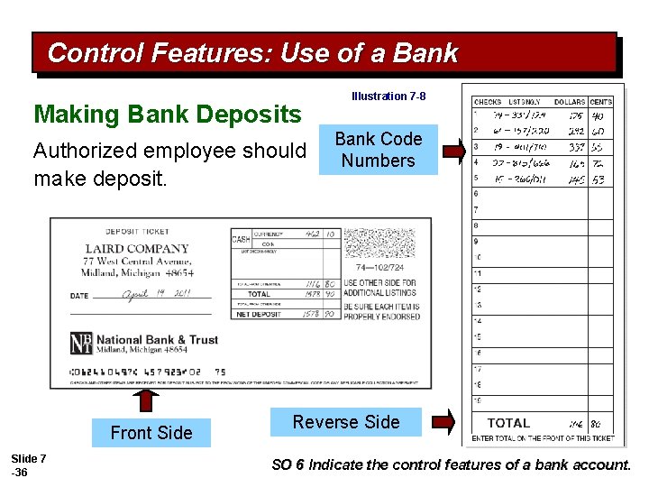 Control Features: Use of a Bank Making Bank Deposits Authorized employee should make deposit.