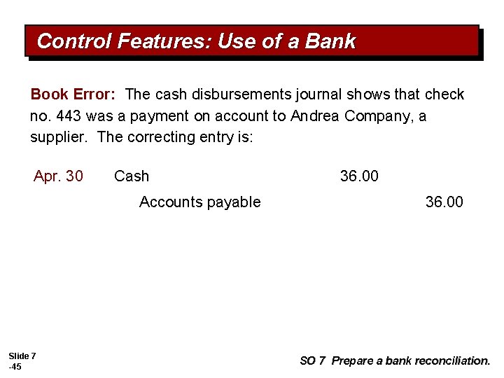 Control Features: Use of a Bank Book Error: The cash disbursements journal shows that