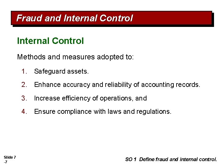 Fraud and Internal Control Methods and measures adopted to: 1. Safeguard assets. 2. Enhance