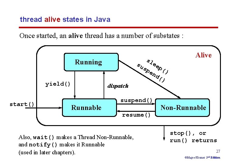 thread alive states in Java Once started, an alive thread has a number of
