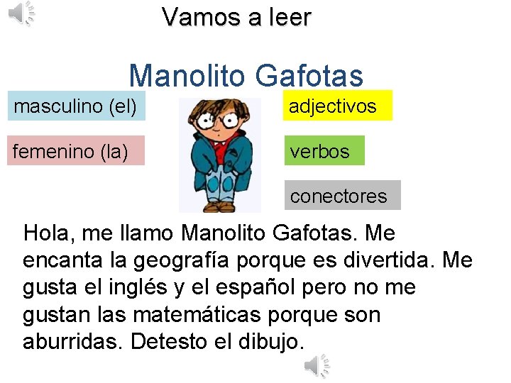 Vamos a leer Manolito Gafotas masculino (el) adjectivos femenino (la) verbos conectores Hola, me