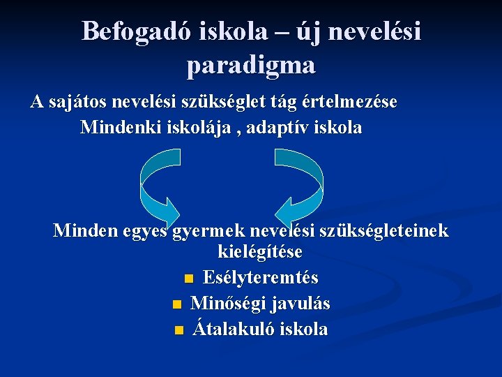 Befogadó iskola – új nevelési paradigma A sajátos nevelési szükséglet tág értelmezése Mindenki iskolája