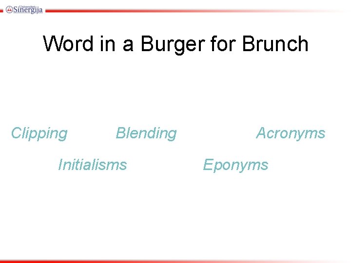 Word in a Burger for Brunch Clipping Blending Initialisms Acronyms Eponyms Word in a Burger for Brunch Clipping Blending Initialisms Acronyms Eponyms