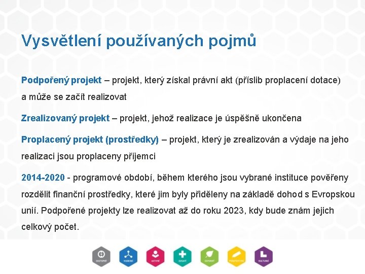 Vysvětlení používaných pojmů Podpořený projekt – projekt, který získal právní akt (příslib proplacení dotace) Vysvětlení používaných pojmů Podpořený projekt – projekt, který získal právní akt (příslib proplacení dotace)
