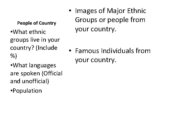 People of Country • Images of Major Ethnic Groups or people from your country.