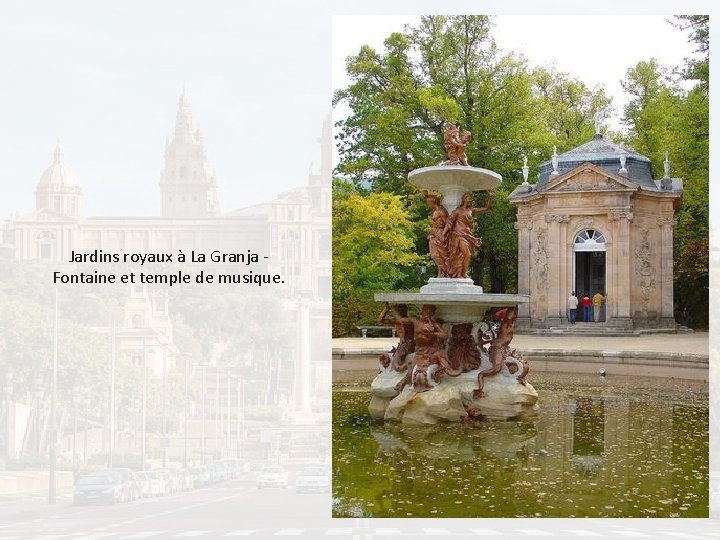 Jardins royaux à La Granja Fontaine et temple de musique. 