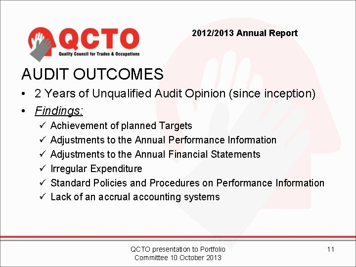 2012/2013 Annual Report AUDIT OUTCOMES • 2 Years of Unqualified Audit Opinion (sinception) •