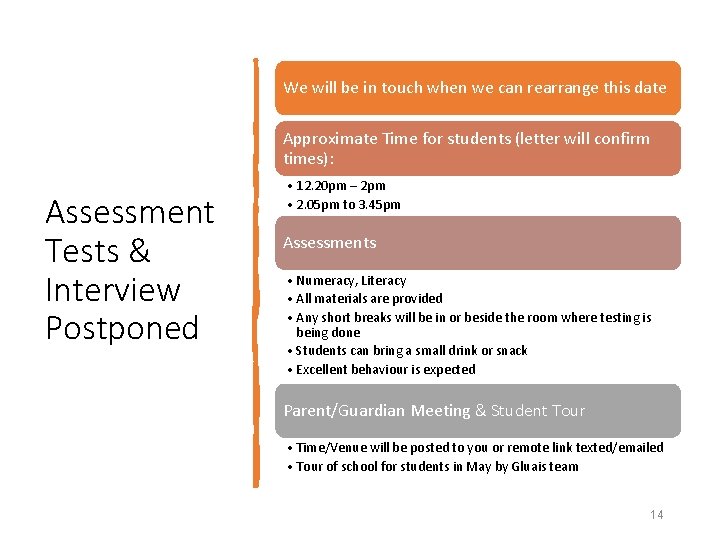 We will be in touch when we can rearrange this date Approximate Time for