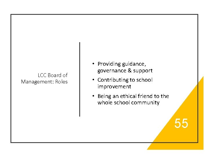 LCC Board of Management: Roles • Providing guidance, governance & support • Contributing to