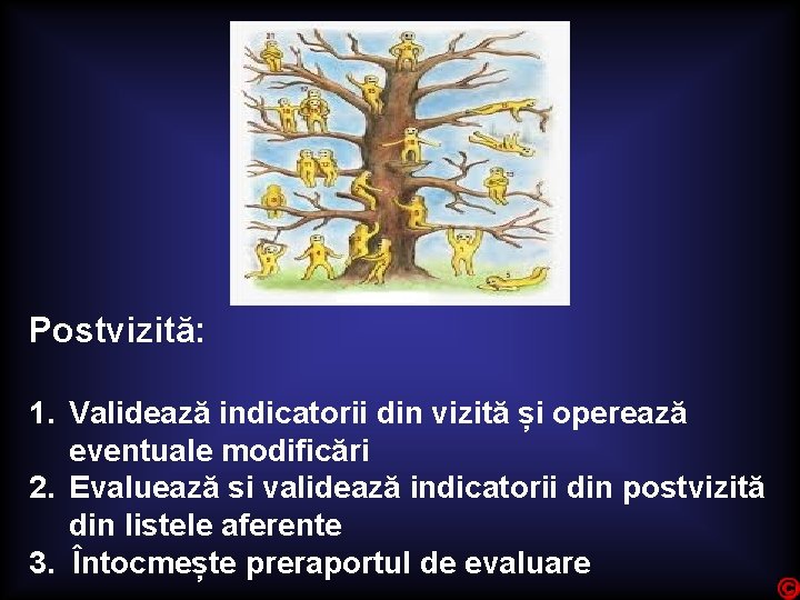 Postvizită: 1. Validează indicatorii din vizită și operează eventuale modificări 2. Evaluează si validează