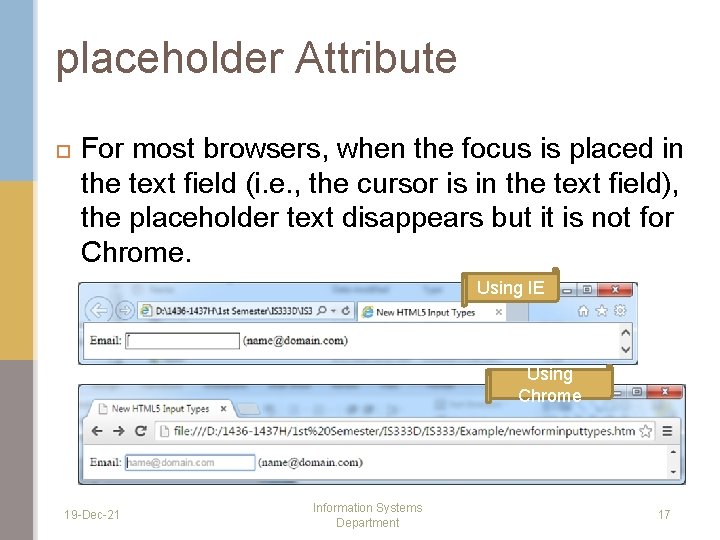 placeholder Attribute For most browsers, when the focus is placed in the text field