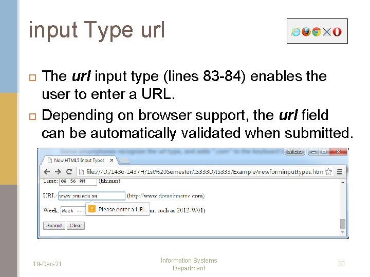 input Type url The url input type (lines 83 -84) enables the user to