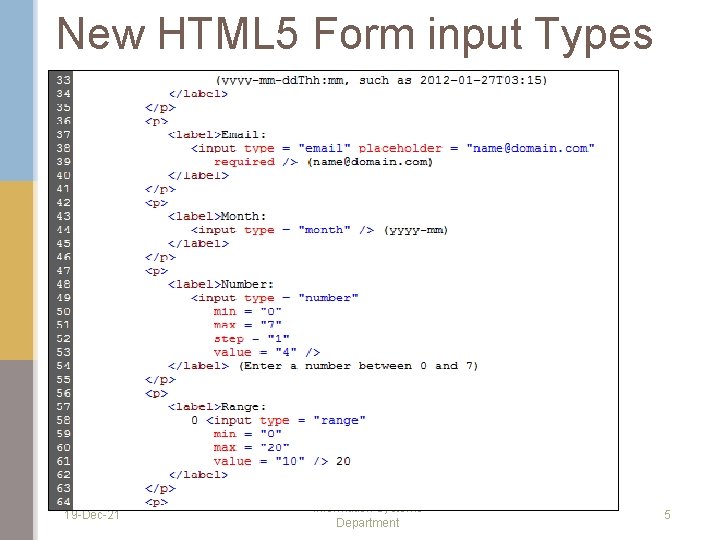 New HTML 5 Form input Types 19 -Dec-21 Information Systems Department 5 