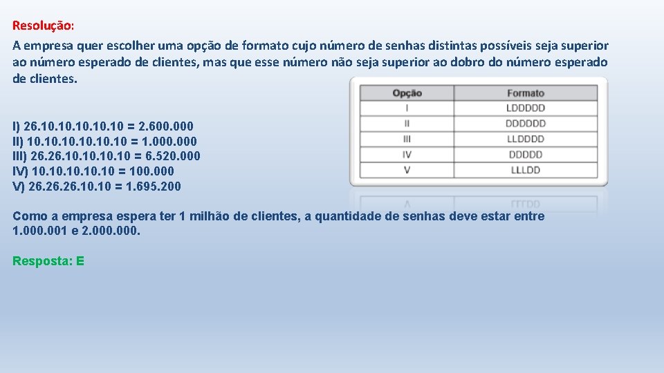 Resolução: A empresa quer escolher uma opção de formato cujo número de senhas distintas