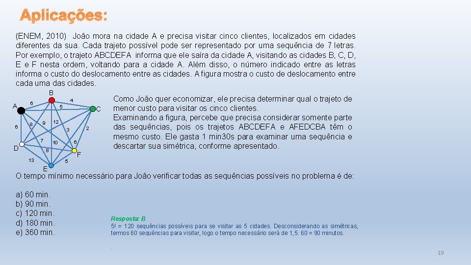 Aplicações: (ENEM, 2010) João mora na cidade A e precisa visitar cinco clientes, localizados