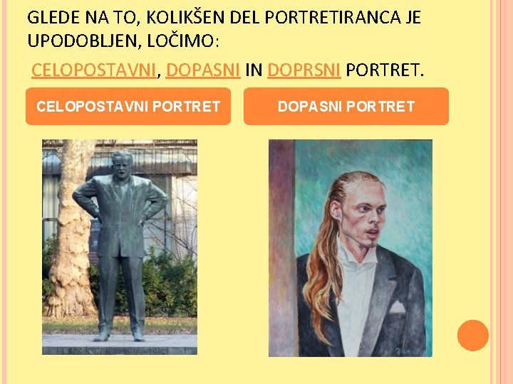 GLEDE NA TO, KOLIKŠEN DEL PORTRETIRANCA JE UPODOBLJEN, LOČIMO: CELOPOSTAVNI, DOPASNI IN DOPRSNI PORTRET.