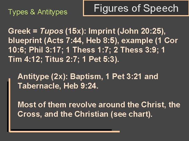 Types & Antitypes Figures of Speech Greek = Tupos (15 x): Imprint (John 20: