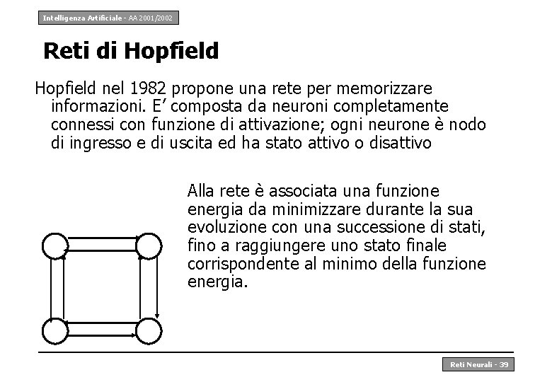 Intelligenza Artificiale - AA 2001/2002 Reti di Hopfield nel 1982 propone una rete per