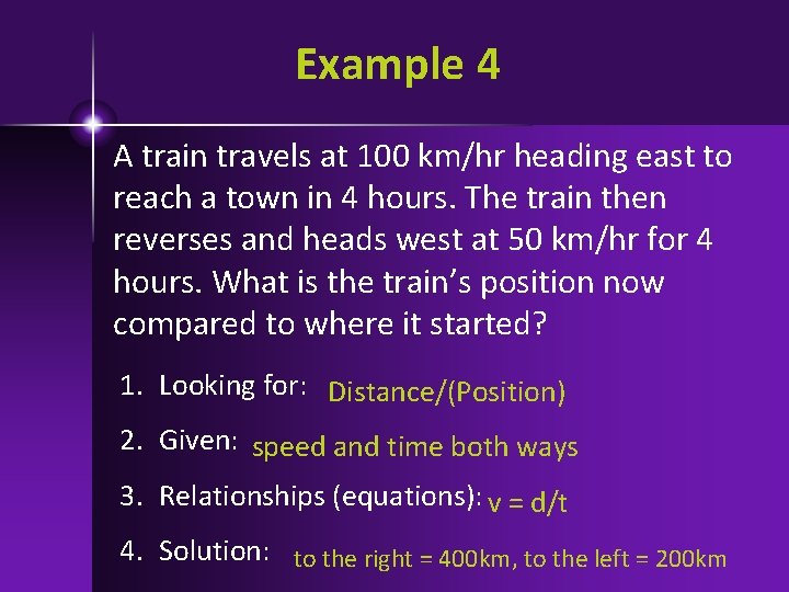 Example 4 A train travels at 100 km/hr heading east to reach a town