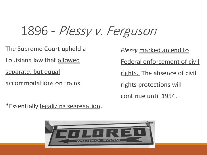 1896 - Plessy v. Ferguson The Supreme Court upheld a Plessy marked an end 1896 - Plessy v. Ferguson The Supreme Court upheld a Plessy marked an end