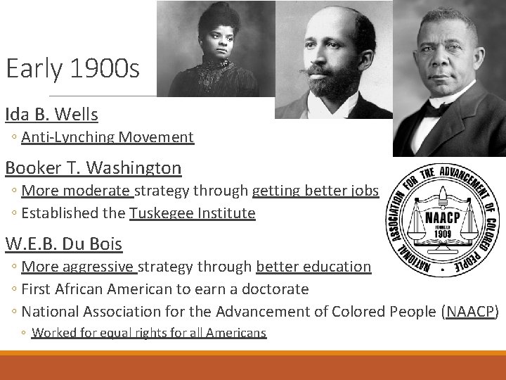Early 1900 s Ida B. Wells ◦ Anti-Lynching Movement Booker T. Washington ◦ More Early 1900 s Ida B. Wells ◦ Anti-Lynching Movement Booker T. Washington ◦ More