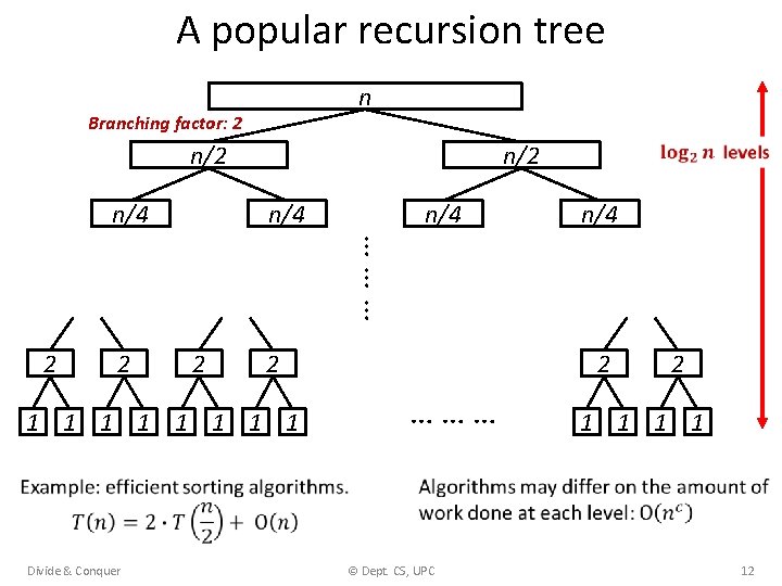 A popular recursion tree n Branching factor: 2 n/4 n/2 n/4 n/4 ……… 2