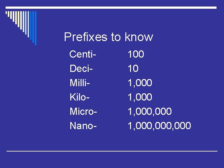 Prefixes to know Centi. Deci. Milli. Kilo. Micro. Nano- 100 10 1, 000, 000,