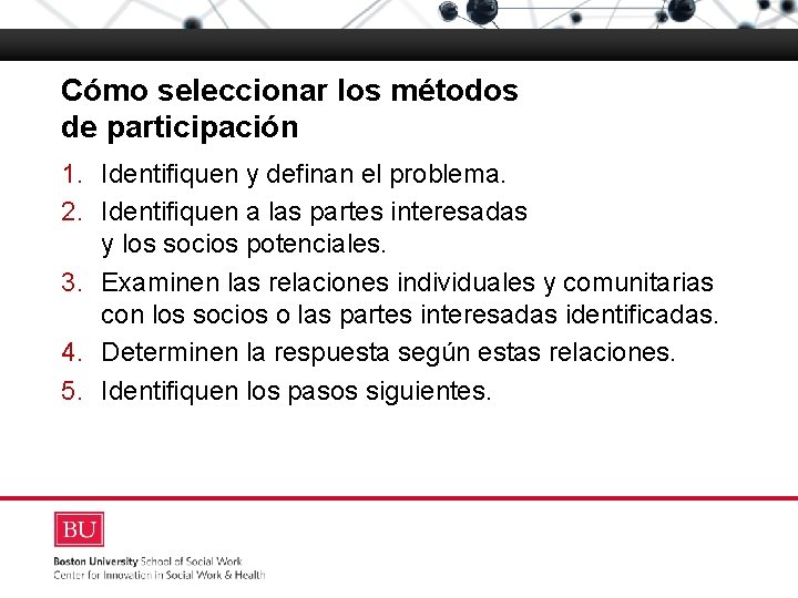 Cómo seleccionar los métodos de participación Boston University Slideshow Title Goes Here 1. Identifiquen