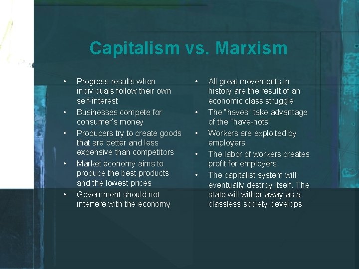 Capitalism vs. Marxism • • • Progress results when individuals follow their own self-interest