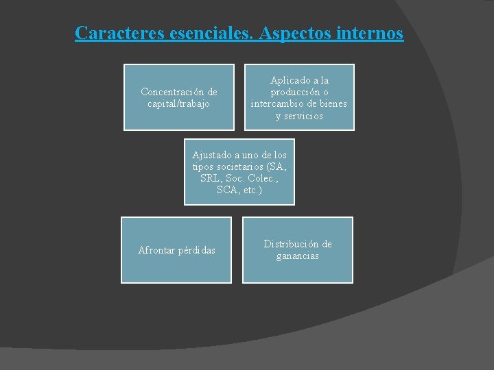 Caracteres esenciales. Aspectos internos Concentración de capital/trabajo Aplicado a la producción o intercambio de