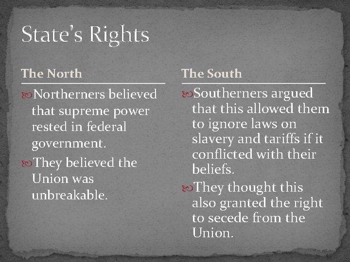 State’s Rights The North The South Northerners believed Southerners argued that supreme power rested