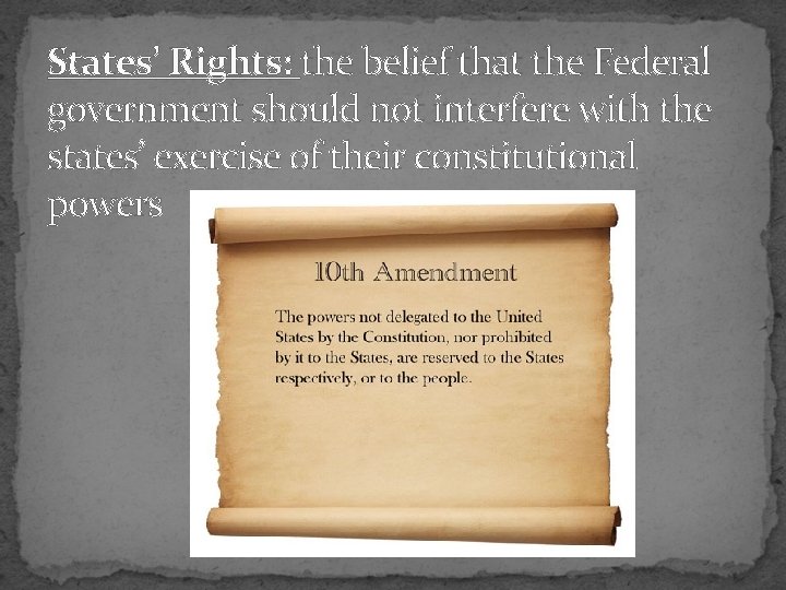 States’ Rights: the belief that the Federal government should not interfere with the states’