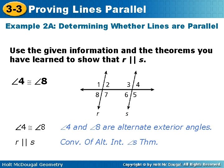 3 -3 Proving Lines Parallel Example 2 A: Determining Whether Lines are Parallel Use