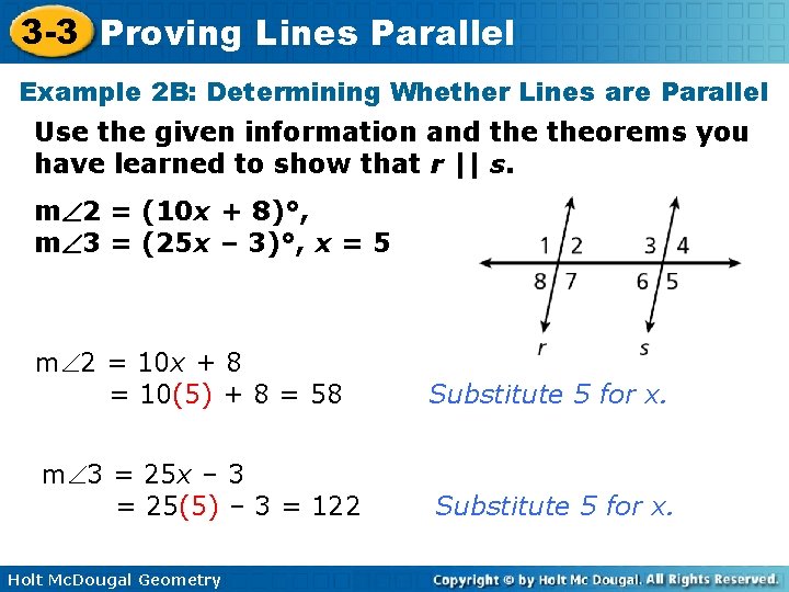 3 -3 Proving Lines Parallel Example 2 B: Determining Whether Lines are Parallel Use