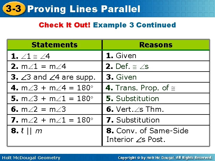 3 -3 Proving Lines Parallel Check It Out! Example 3 Continued Statements Reasons 1.