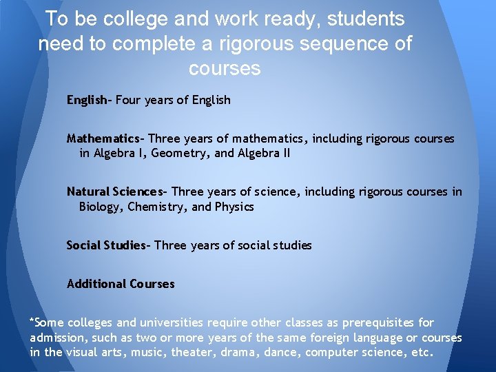 To be college and work ready, students need to complete a rigorous sequence of