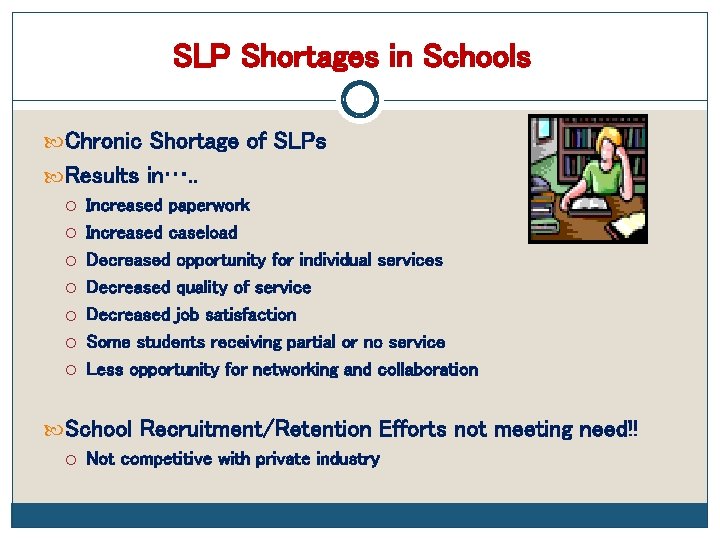 SLP Shortages in Schools Chronic Shortage of SLPs Results in…. . Increased paperwork Increased